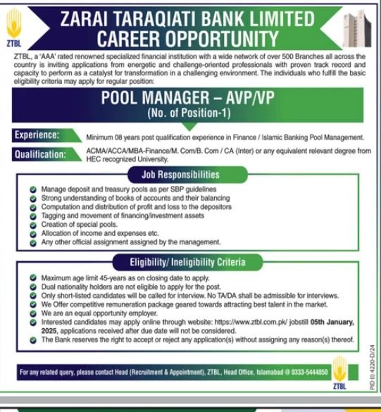 Zarai Taraqiati Bank Limited ZTBL Islamabad Jobs 2024 Jobs 2024 — original advertisement