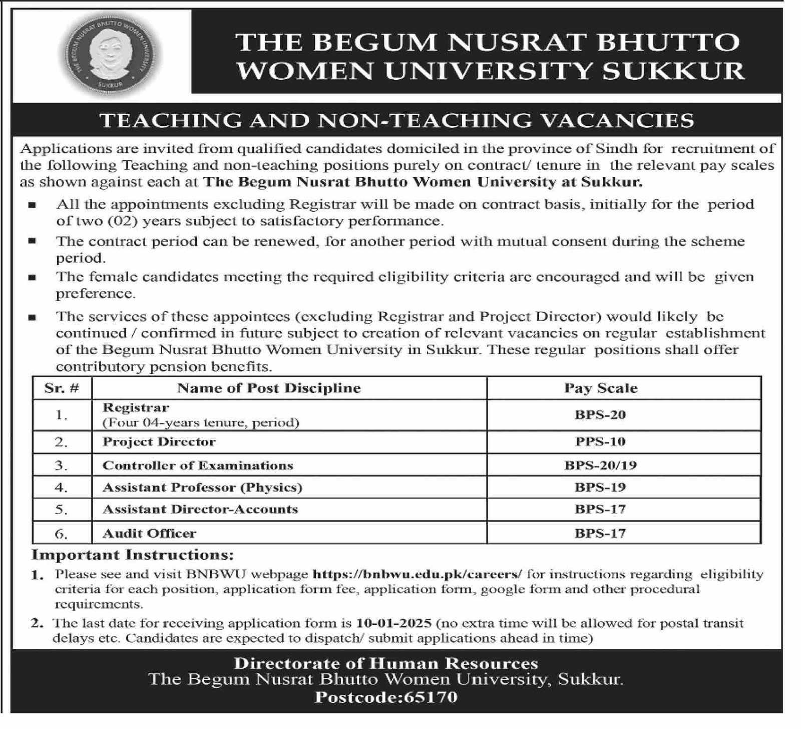 The Begum Nusrat Bhutto Women University Jobs 2024 – Begum Nusrat Bhutto Women University Sukkur Jobs 2024 — original advertisement