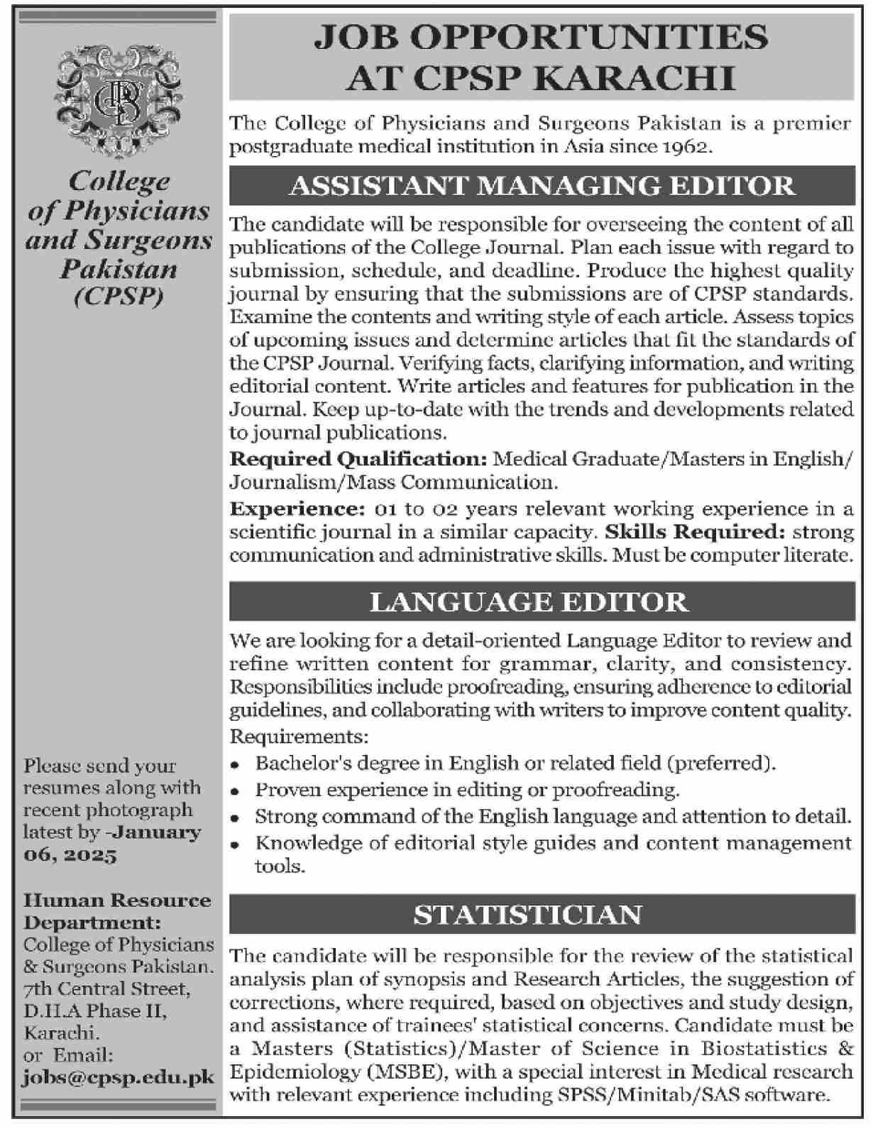College Of Physicians And Surgeons Karachi Jobs 2024 – College of Physicians and Surgeons Pakistan Jobs 2024 — original advertisement