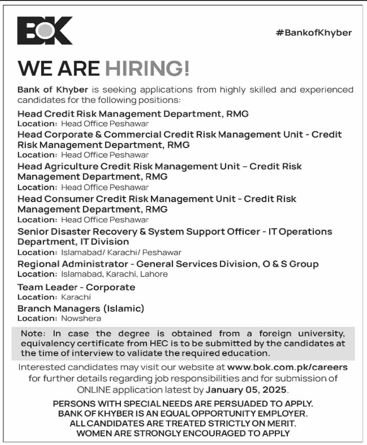The Bank Of Khyber BOK Peshawar Jobs 2024 Jobs 2024 — original advertisement