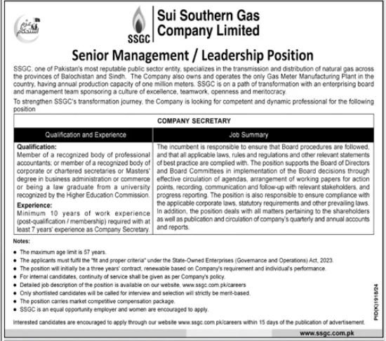 Sui Southern Gas Company Limited SSGC Karachi Job 2024 Jobs 2024 — original advertisement