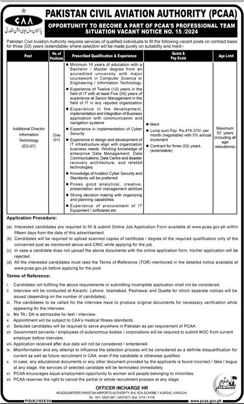 Pakistan Civil Aviation Authority CAA Karachi Jobs – Pakistan Civil Aviation Authority (CAA) Jobs 2024 — original advertisement