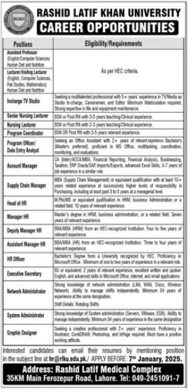 Rashid Latif khan University Lahore Jobs 2024 – Rashid Latif Medical College Jobs 2024 — original advertisement