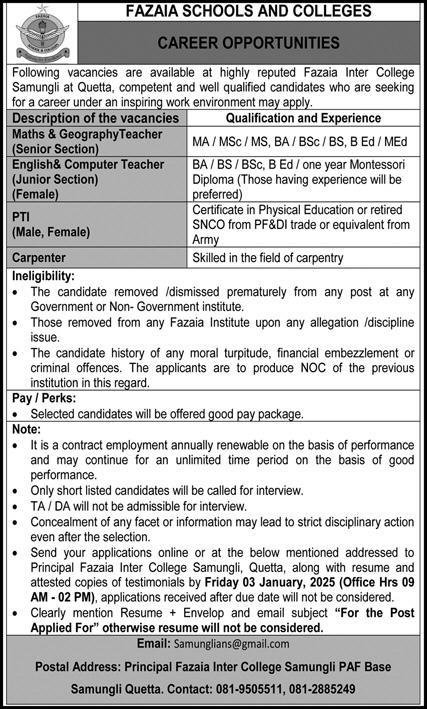 Fazaia Inter College Quetta Jobs 2025 – Fazaia Schools & Colleges Jobs 2024 — original advertisement