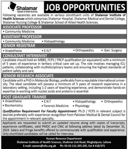 Shalamar Institute of Health Sciences Lahore Jobs 2024 Jobs 2024 — original advertisement