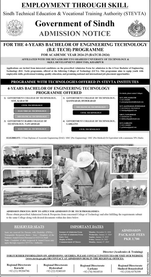 Admission Open in Sindh technical Education And vocational – Sindh Technical Education and Vocational Training Authority Admissions 2024 — original advertisement