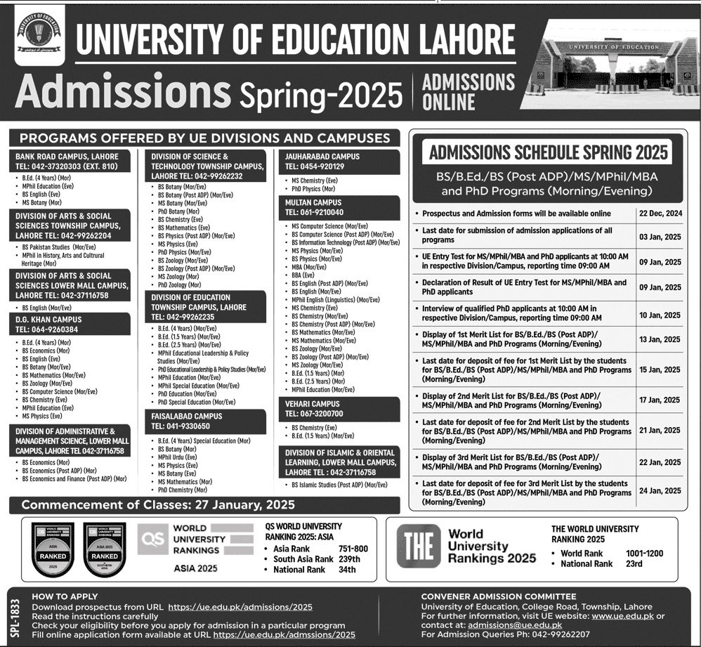 University of Education Lahore Punjab 2024 Admissions 2024 — original advertisement