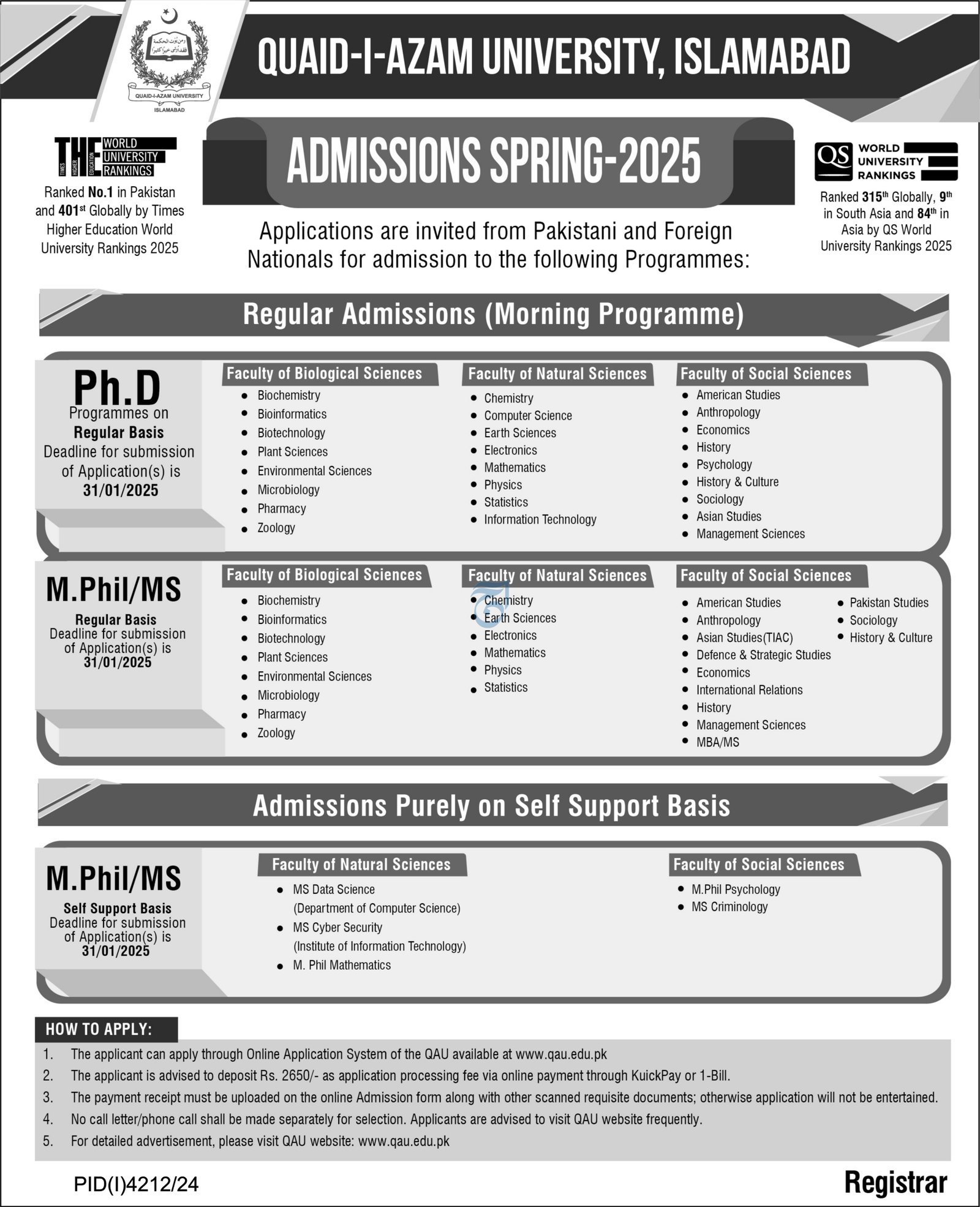 Admission Open in Quaid i Azam University Islamabad 2024 – Quaid-i-Azam University, Islamabad , Pakistan Admissions 2024 — original advertisement