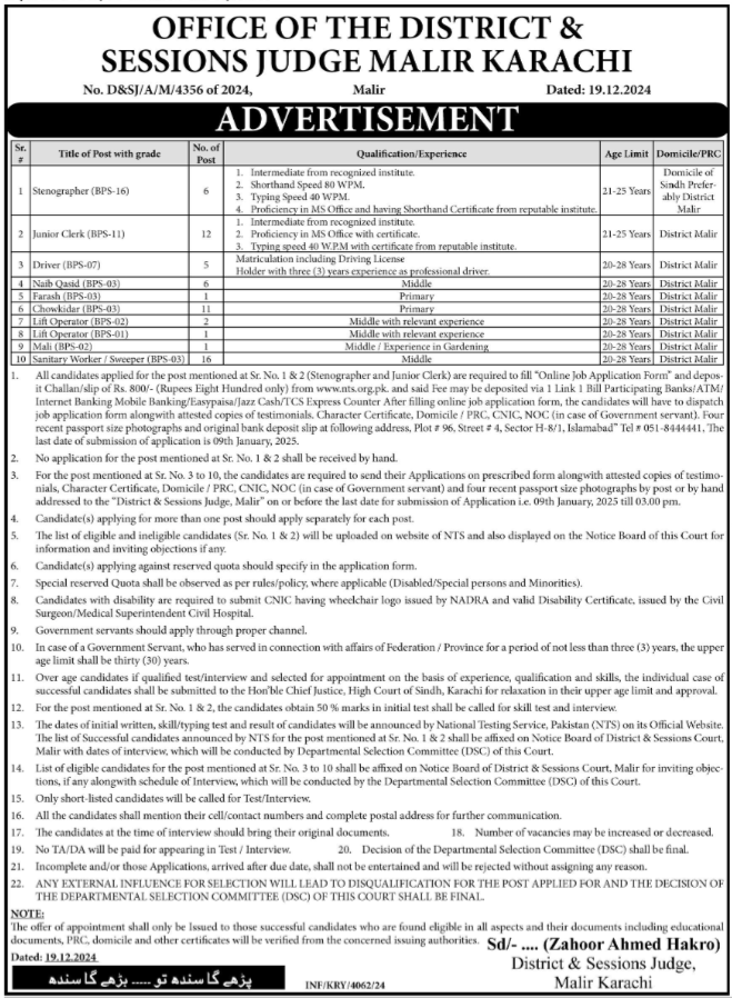 District & Session Judge Karachi Jobs 2024 Jobs 2024 — original advertisement