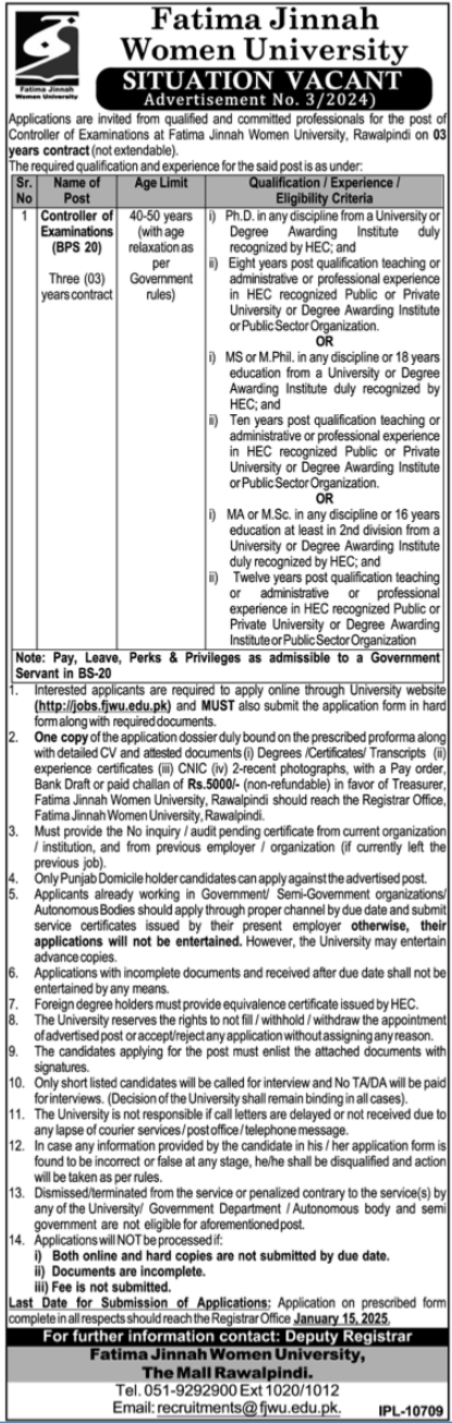 Fatima Jinnah Women University Jobs 2024 – Fatima Jinnah Women University Rawalpindi Jobs 2024 — original advertisement
