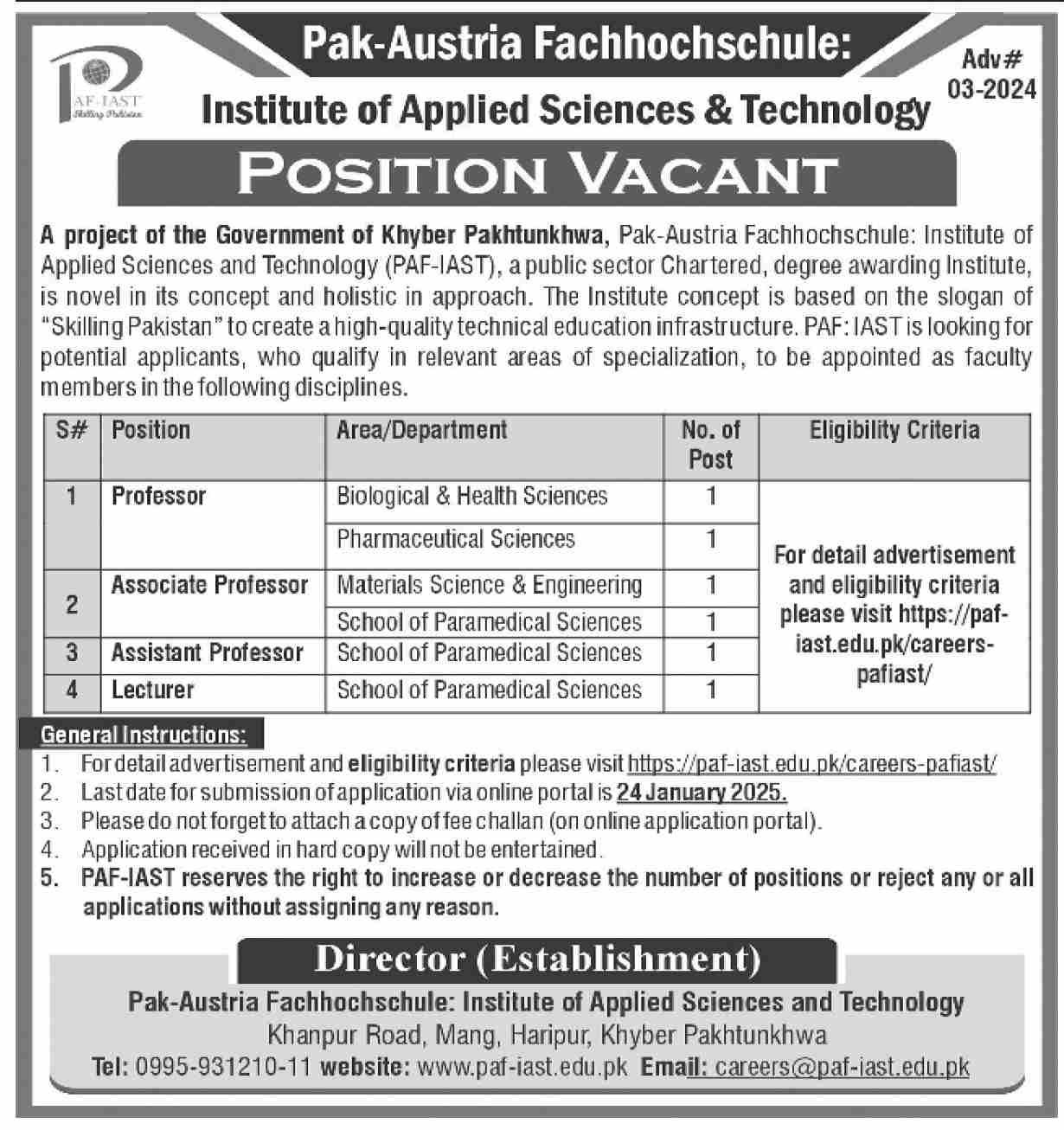 Institute of Applied Sciences & Technology Jobs 2024 – Pakistan Institute of Engineering and Applied Sciences (PIEAS) Jobs 2024 — original advertisement