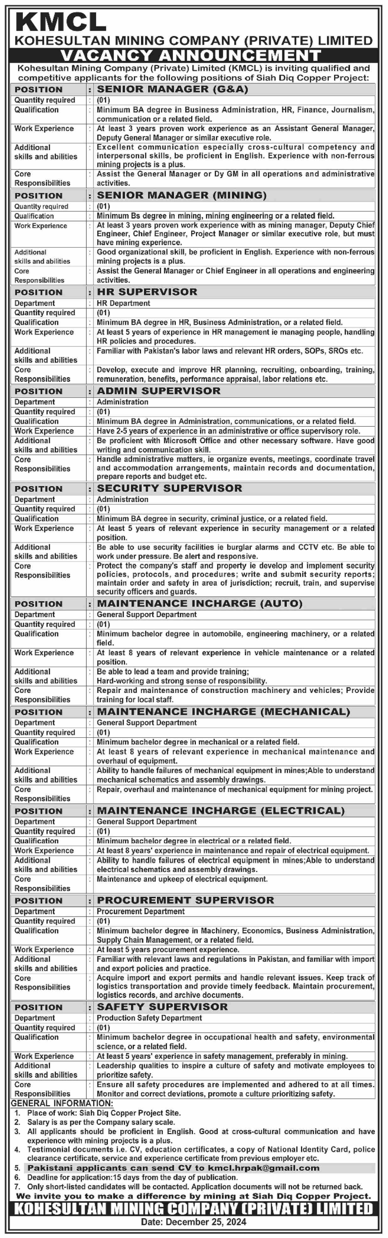 KoheSultan Mining Company KMCL Jobs 2024 – Private Company Jobs 2024 — original advertisement