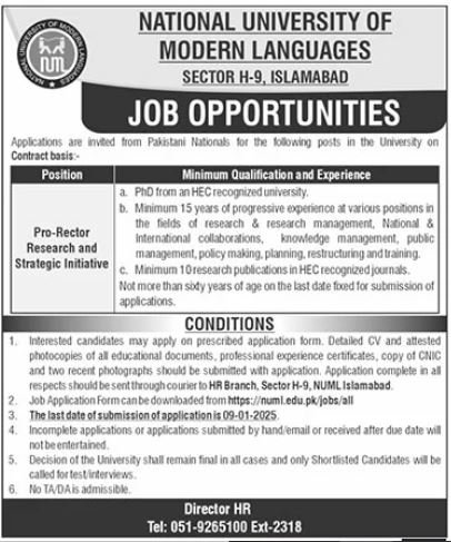 National University Of Modern Languages NUML Jobs 2025 – National University of Modern Languages Islamabad Jobs 2024 — original advertisement