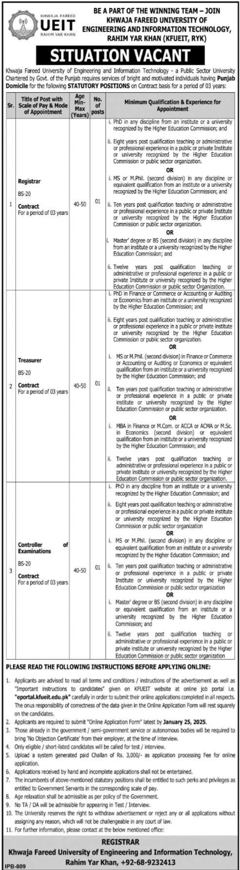 Khwaja Fareed University Of Engineering KFUEIT Jobs 2025 – Khawaja Fareed University of Engineering and Information Technology Jobs 2024 — original advertisement