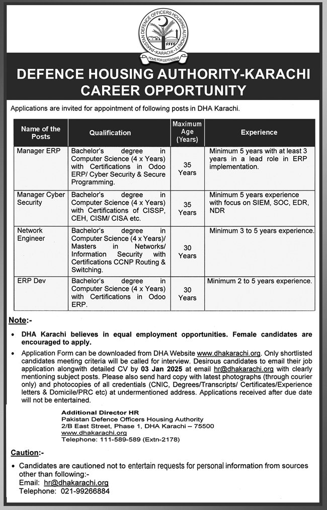Defence Housing Authority DHA Karachi Jobs 2024 Jobs 2024 — original advertisement