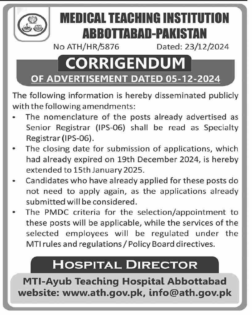 Medical Teaching Institution MTI Abbottabad Jobs 2024 – Medical Teaching Institute MTI Khyber Teaching Hospital Peshawar Kpk Jobs 2024 — original advertisement