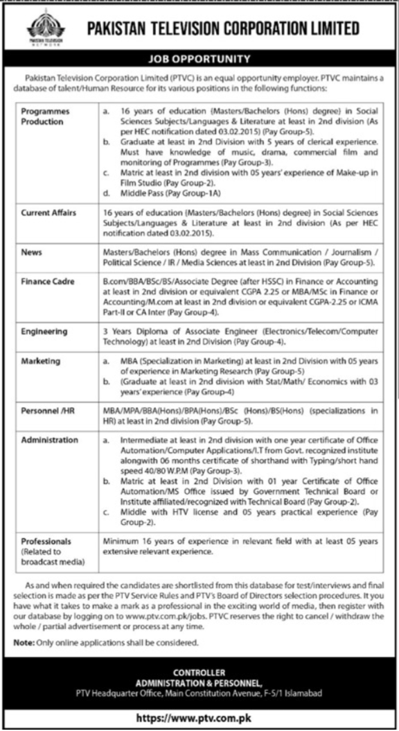 Pakistan Television Corporation Limited PTV Islamabad Jobs – Pakistan Television Network PTV Jobs 2024 — original advertisement