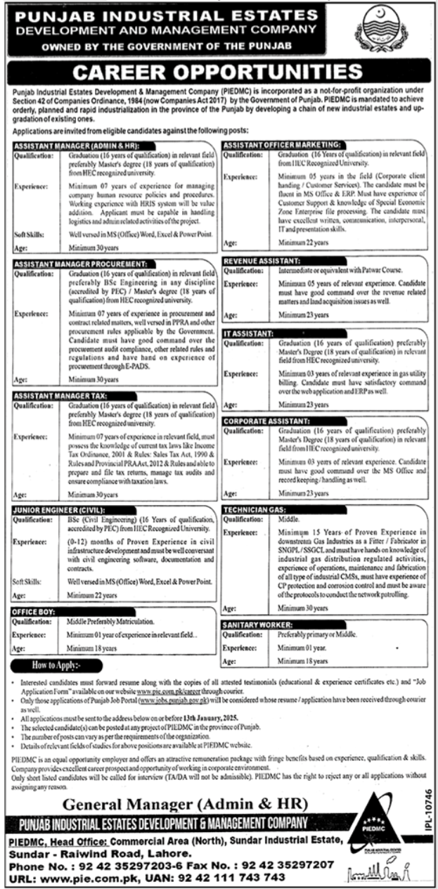 Punjab Industrial Estates Development Lahore Jobs 2024 – Punjab Industrial Estates Development & Management Company Jobs 2024 — original advertisement