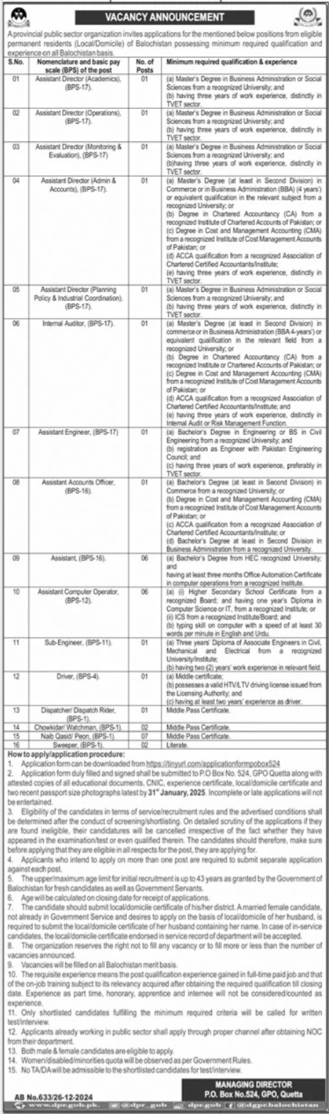 Public Sector Organization Quetta Jobs 2024 Jobs 2024 — original advertisement