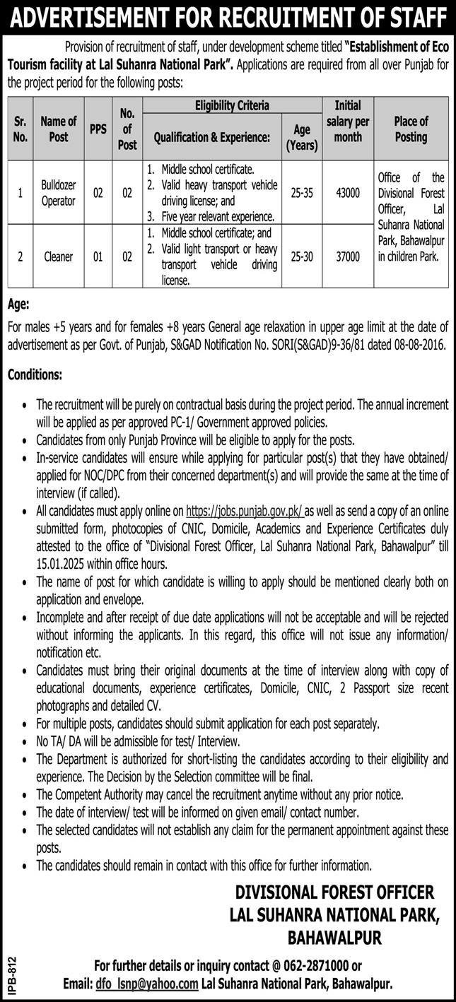Lal Suhanra National Park Divisional Forest Office Jobs 2025 – Forest Wildlife & Fishries Department Punjab Jobs 2024 — original advertisement