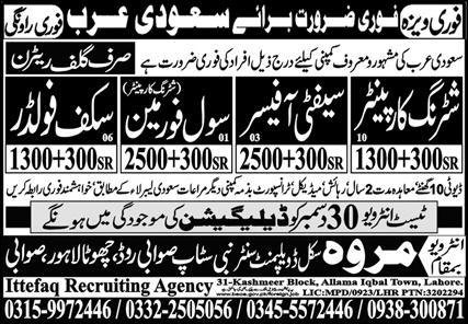 Shuttring Carpanter And Sefty officer Jobs in Saudia Arabia – Marwa Skill Development Center Jobs 2024 — original advertisement