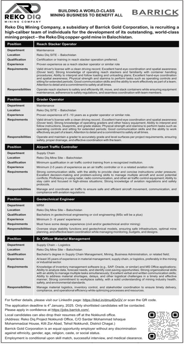 Reko Diq Mining Company Balochistan Jobs 2025 – Barrick Pakistan Jobs 2024 — original advertisement