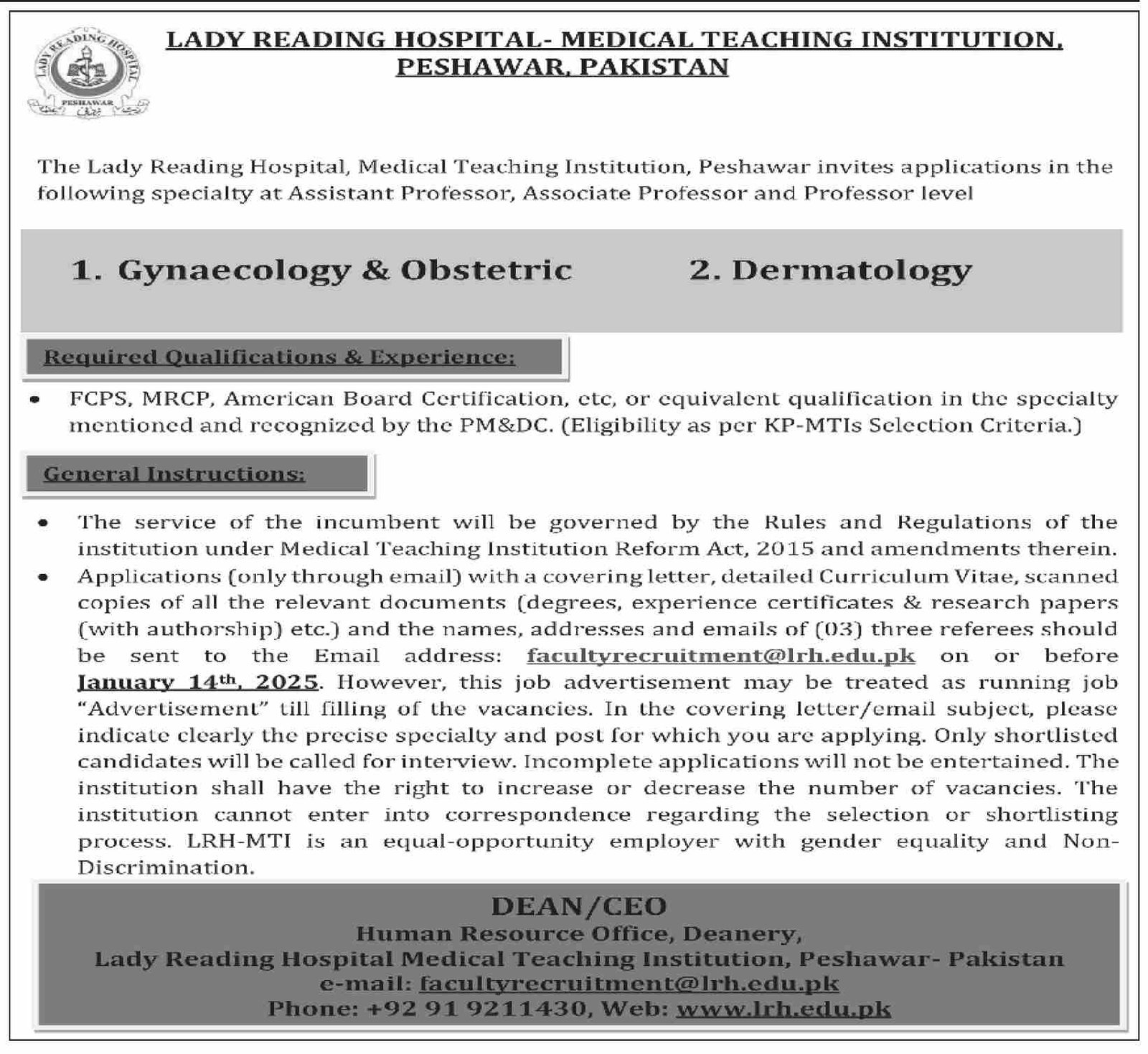 Lady Reading Hospital LRH Peshawar Jobs 2025 – Lady Reading Hospital Peshawar Jobs 2024 — original advertisement