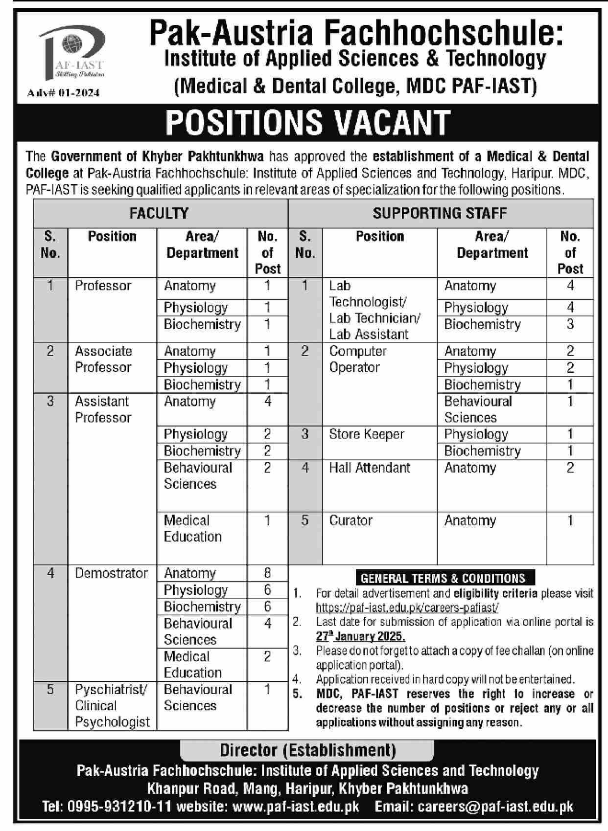 PAF IAST Institute Of Applied Sciences & Technology Jobs – Pak Austria Fachhochschule PAF Jobs 2024 — original advertisement