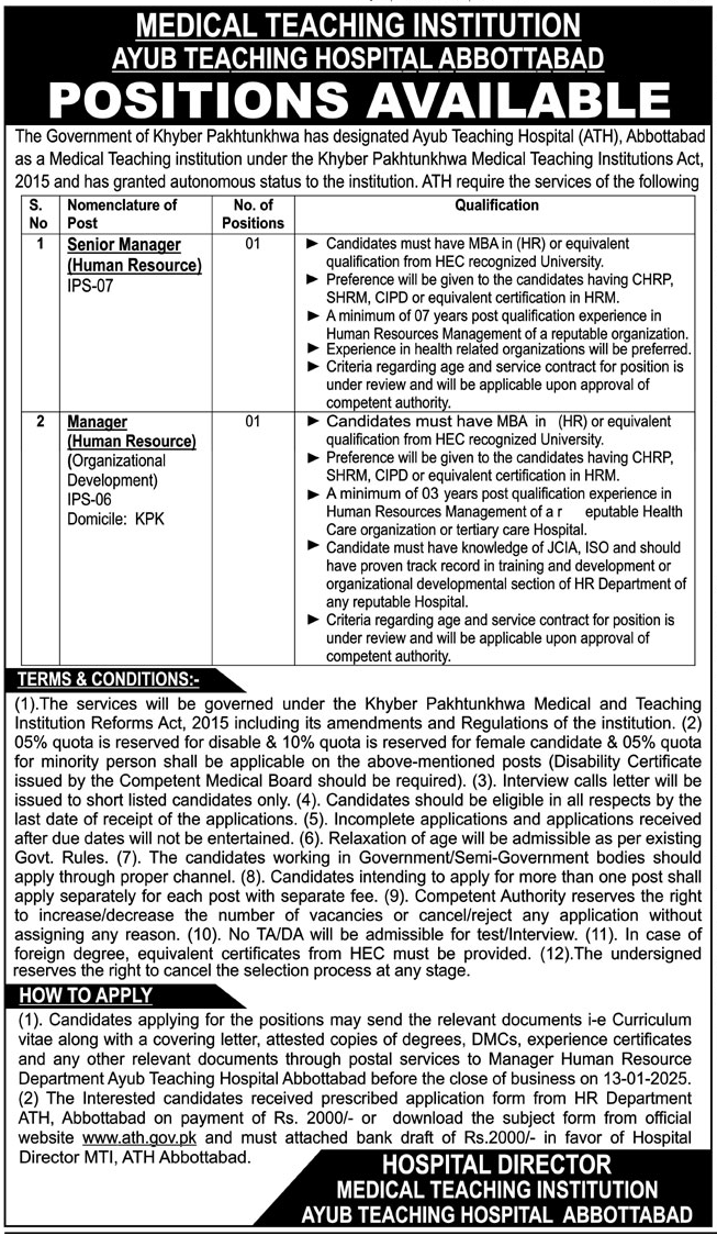 Ayub Teaching Hospital Abbottabad Khyber Pakhtunkhwa Jobs – Ayub Medical and Teaching Institution Abbottabad Jobs 2024 — original advertisement