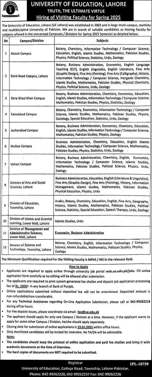University Of Education Lahore Punjab Jobs 2024 Jobs 2024 — original advertisement