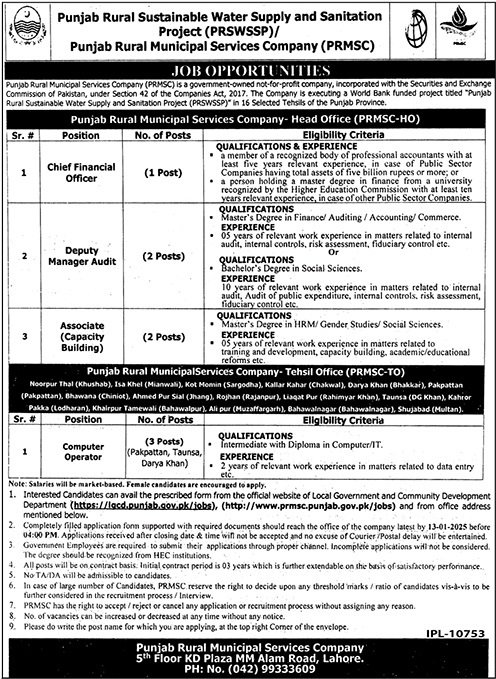 Punjab Rural Sutainable Water Supply And Sanitation Job 2024 – Punjab Rural Municipal Services Company PRMSC Jobs 2024 — original advertisement