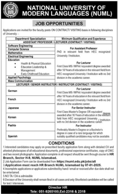 NUML University Islamabad Jobs 2024 – National University of Modern Languages Islamabad Jobs 2024 — original advertisement