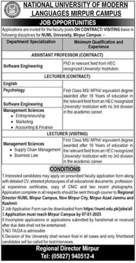 National University of Modern Languages NUML Mirpur Jobs – National University of Modern Languages Islamabad Jobs 2024 — original advertisement