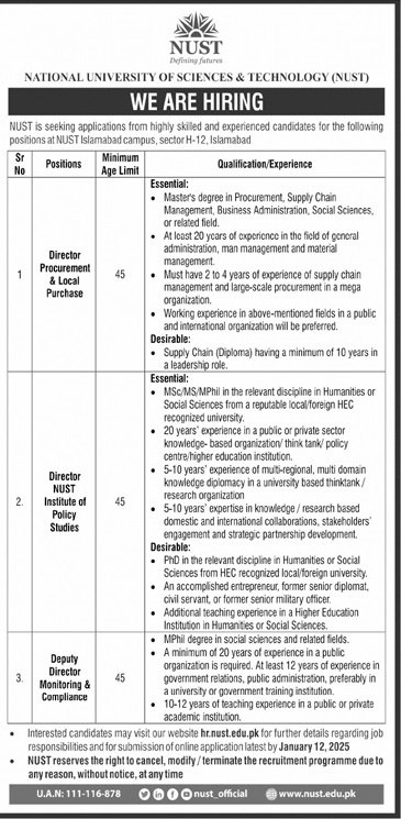 National University of Sciences & Technology Jobs 2024 – National University of Science & Technology Islamabad Jobs 2024 — original advertisement