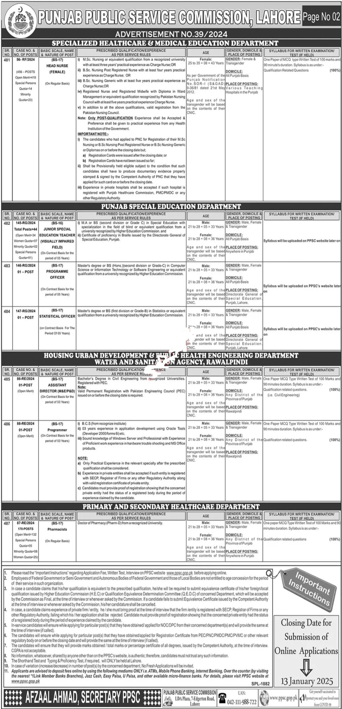 Punjab Public Service Commission PPSC Jobs 39/2024 – Punjab Public Service Commission Lahore Jobs 2024 — original advertisement