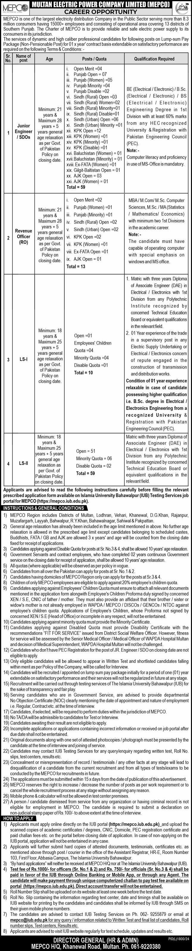 Multan Electric Power Company MEPCO Punjab Jobs 2024 – Multan Electric Power Company Limited Jobs 2024 — original advertisement
