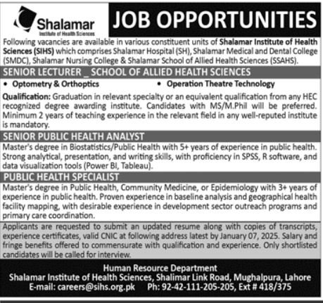 Shalamar Institute Of Health Sciences Jobs 2024 Jobs 2024 — original advertisement