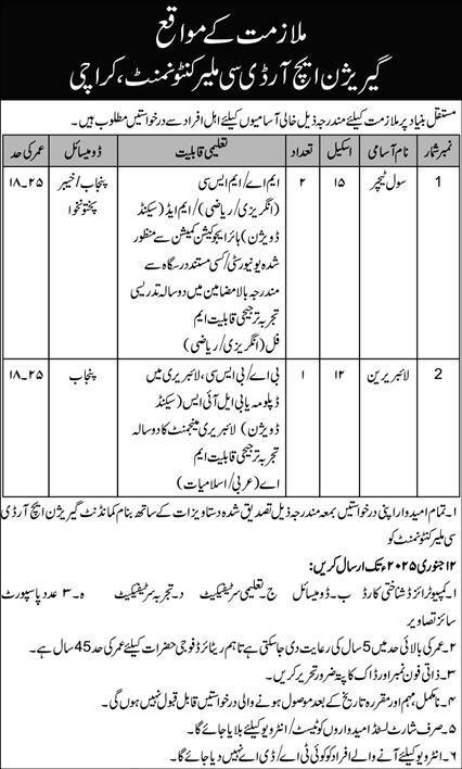 Garrison hrdc Malir Cantt Karachi Jobs 2024 – Pakistan Army Jobs 2024 — original advertisement