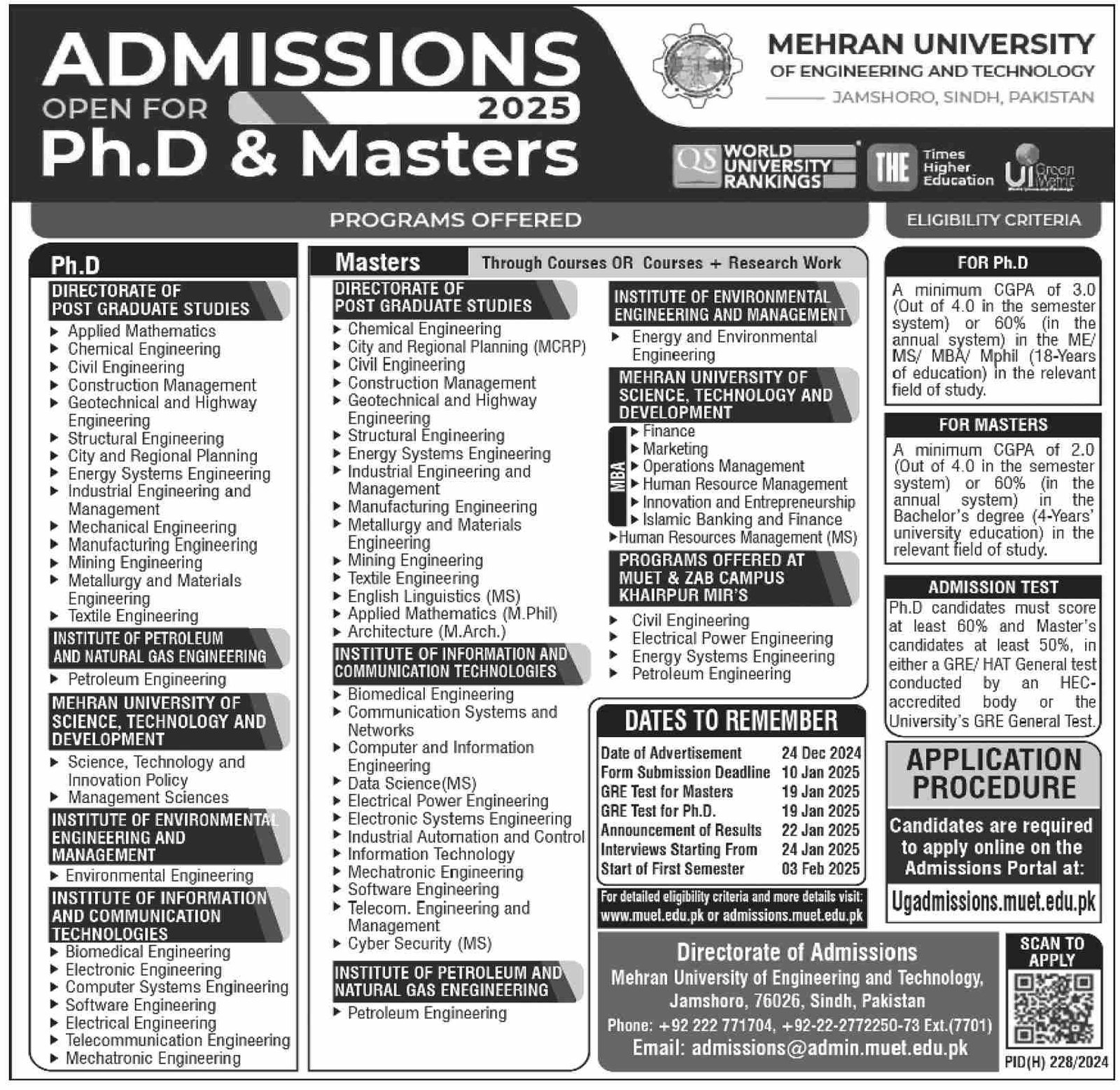 Admission Open in Mehran University of Engineering 2024 – Mehran University of Engineering & Technology Jamshoro Admissions 2024 — original advertisement