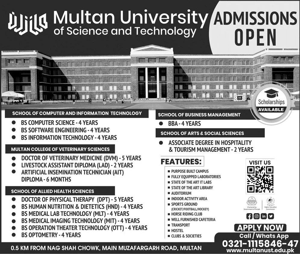 Admission Open in Multan Univeristy of Science And Technolog – Multan University Of Science & Technology Admissions 2024 — original advertisement
