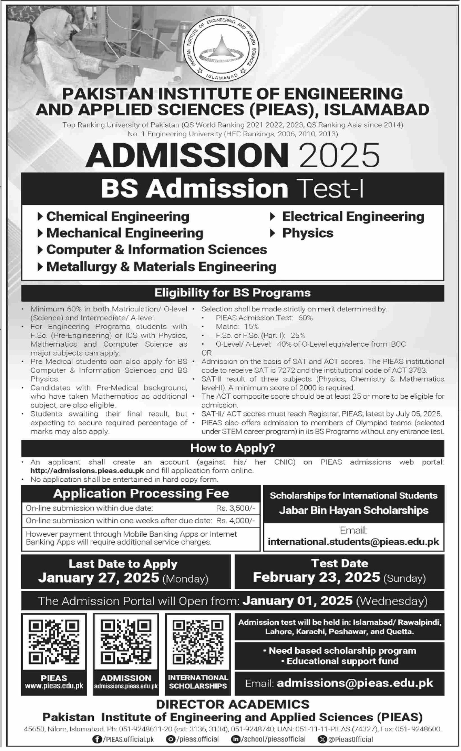 Admission Open in Pakistan Institute of Engineering And – Pakistan Institute of Engineering and Applied Sciences (PIEAS) Admissions 2024 — original advertisement