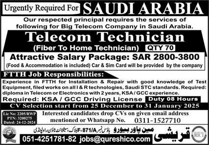 Telecom Technician Jobs In Saudi Arabia 2024 – Qureshi Manpower Bureau Jobs 2024 — original advertisement