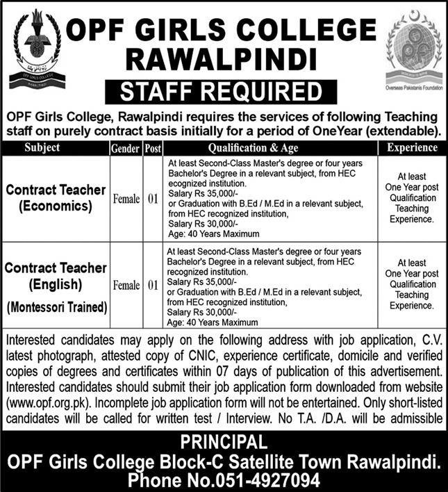 OPF Girls College Rawalpindi Jobs 2025 – OPF Public School Jobs 2024 — original advertisement