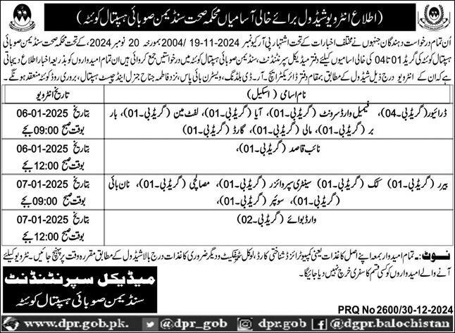 Sandeman Provincial Hospital Quetta Jobs Interview 2025 – Sandeman Provisional Hospital Quetta Jobs 2024 — original advertisement