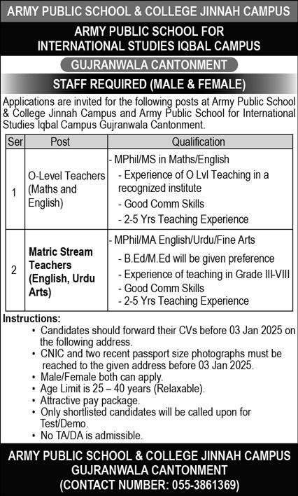 Army Public School & College APS&C Jinnah Campus Jobs 2025 – Army Public School & College Paksitan Jobs 2024 — original advertisement