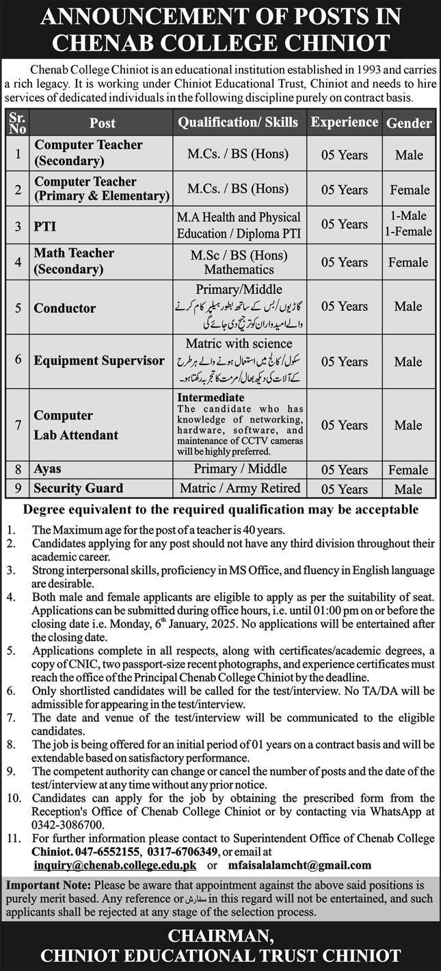 Chenab College Chiniot Jobs 2025 Jobs 2024 — original advertisement