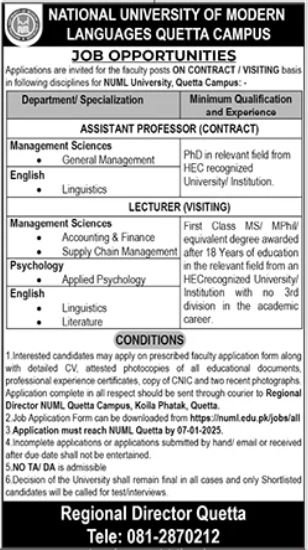 National University of Modern Languages NUML Quetta Jobs – National University of Modern Languages Islamabad Jobs 2024 — original advertisement