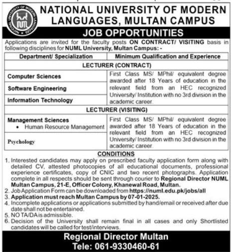 National University of Modern Languages Multan Jobs 2024 – National University of Modern Languages Islamabad Jobs 2024 — original advertisement
