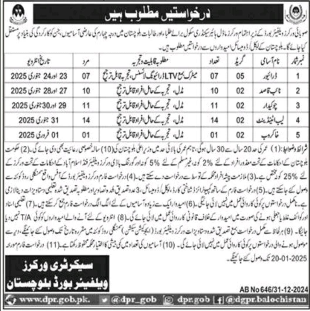 Workers Welfare Board Balochistan Jobs 2025 – Workers Welfare Board WWB Balochistan Jobs 2025 — original advertisement