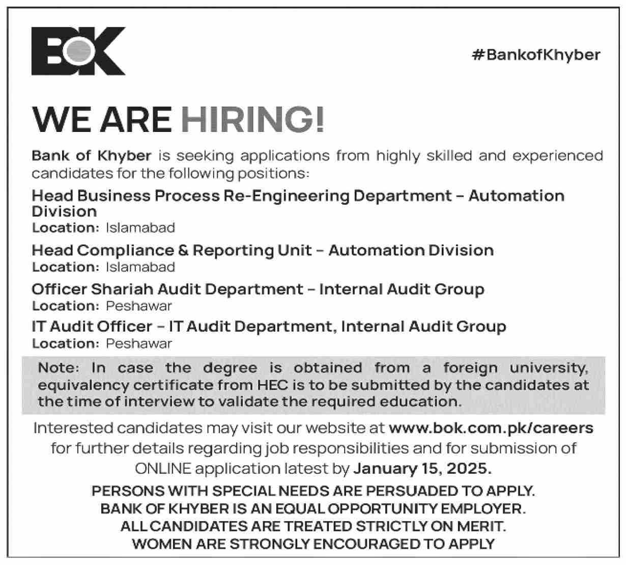 The Bank Of Khyber BOK Jobs 2025 – Bank of Azad Jammu & Kashmir Jobs 2025 — original advertisement